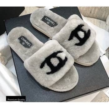 Chanel All Shearling Fur CC Logo Slipper Sandals Gray 2020 (modeng-20092109)