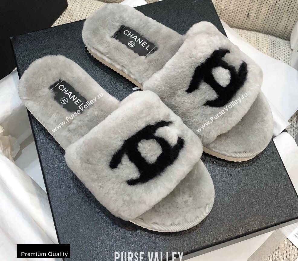 Chanel All Shearling Fur CC Logo Slipper Sandals Gray 2020 (modeng-20092109)