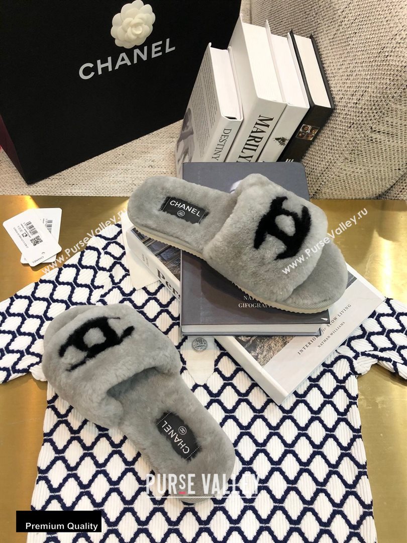 Chanel All Shearling Fur CC Logo Slipper Sandals Gray 2020 (modeng-20092109)