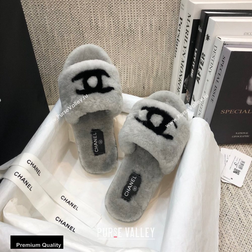 Chanel All Shearling Fur CC Logo Slipper Sandals Gray 2020 (modeng-20092109)