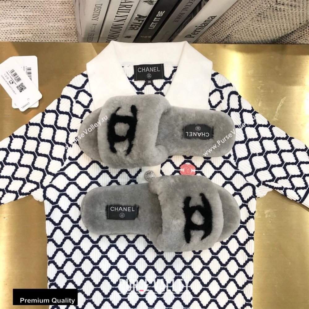 Chanel All Shearling Fur CC Logo Slipper Sandals Gray 2020 (modeng-20092109)