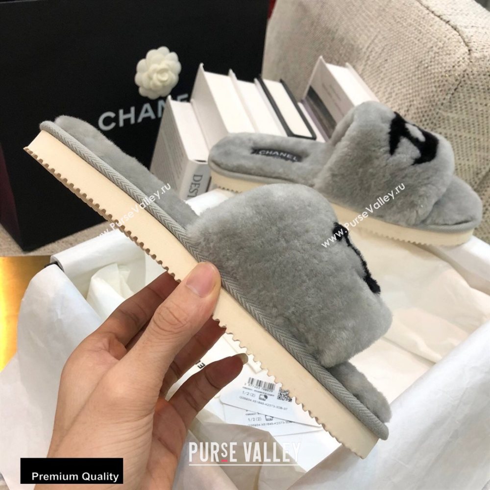 Chanel All Shearling Fur CC Logo Slipper Sandals Gray 2020 (modeng-20092109)