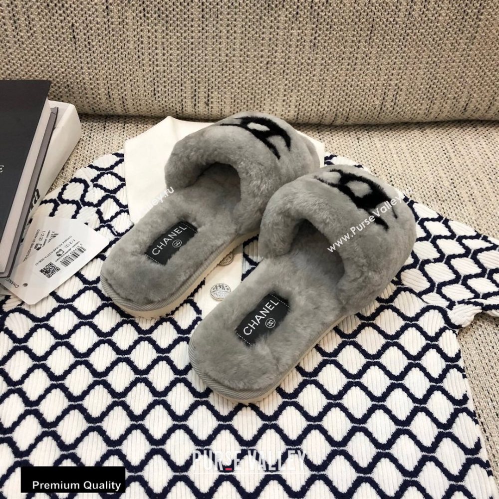 Chanel All Shearling Fur CC Logo Slipper Sandals Gray 2020 (modeng-20092109)