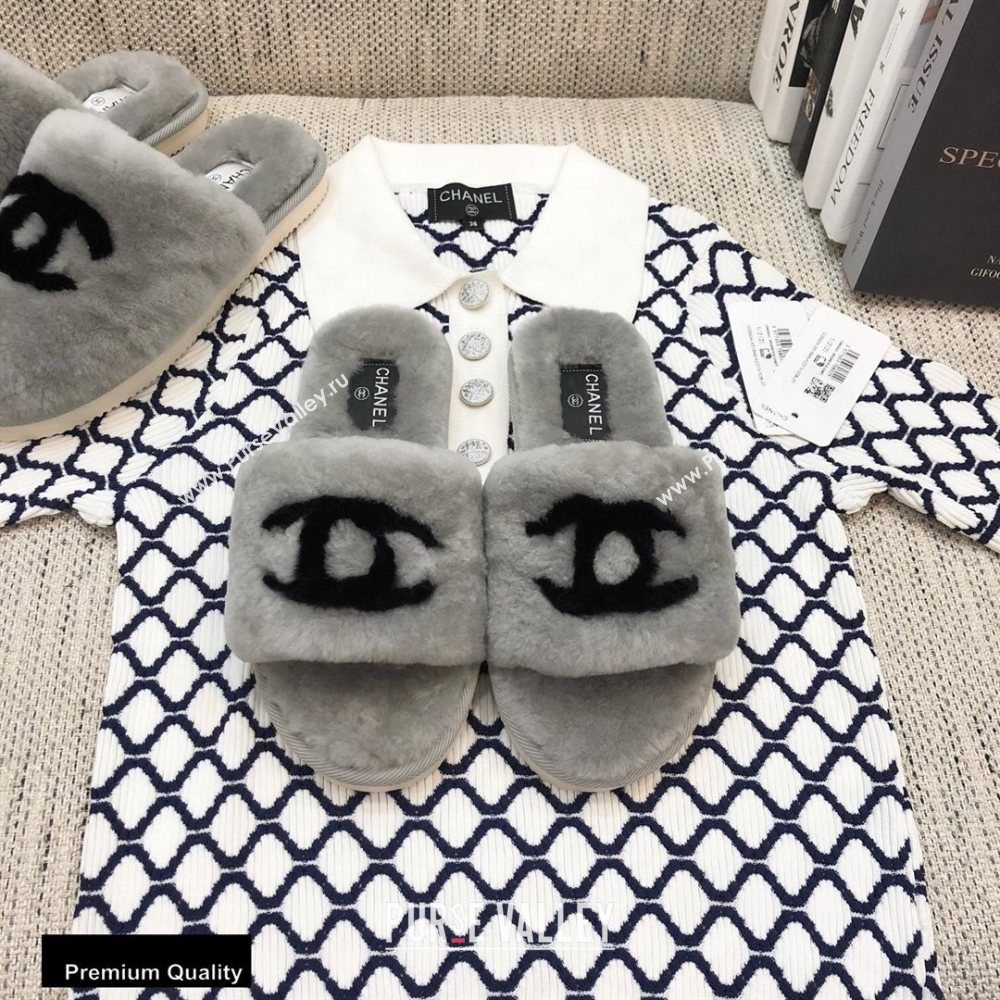 Chanel All Shearling Fur CC Logo Slipper Sandals Gray 2020 (modeng-20092109)