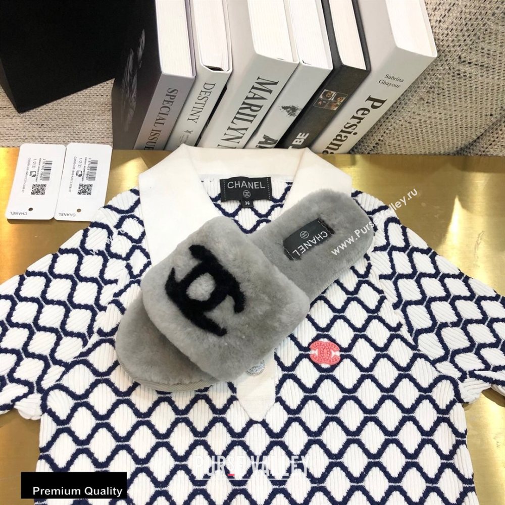 Chanel All Shearling Fur CC Logo Slipper Sandals Gray 2020 (modeng-20092109)