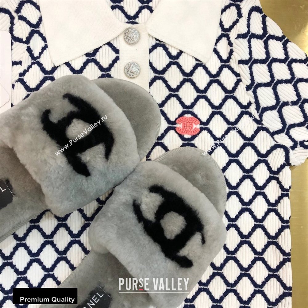 Chanel All Shearling Fur CC Logo Slipper Sandals Gray 2020 (modeng-20092109)