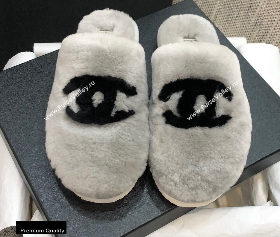 Chanel All Shearling Fur CC Logo Mules Gray 2020 (modeng-20092102)