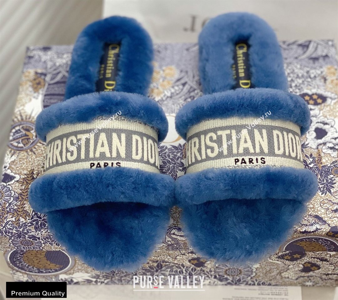 Christian Dior Shearling Fur Slides Mules Blue 2020 (modeng-20091911)