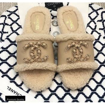 Chanel Shearling Fur Chain CC Logo Slipper Sandals Beige 2020 (modeng-20091924)