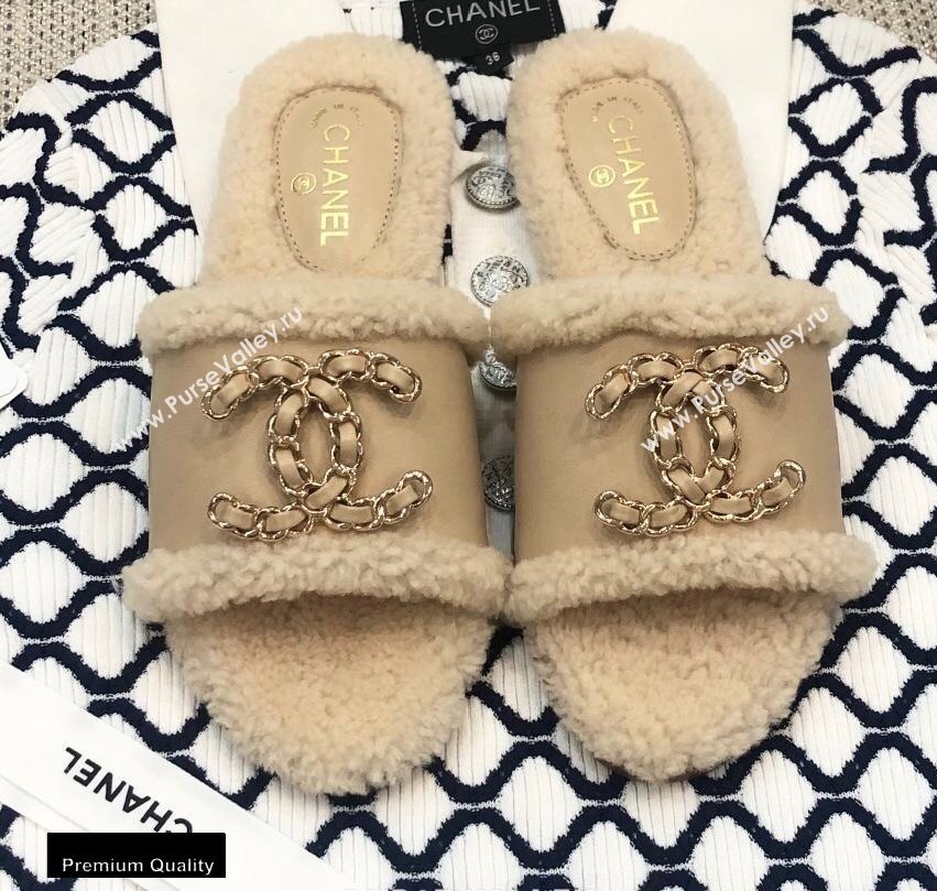 Chanel Shearling Fur Chain CC Logo Slipper Sandals Beige 2020 (modeng-20091924)