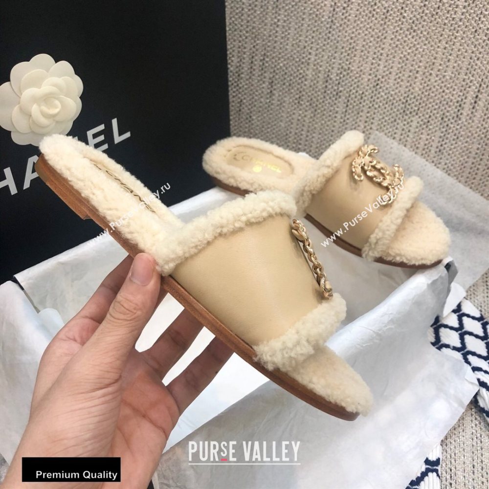 Chanel Shearling Fur Chain CC Logo Slipper Sandals Beige 2020 (modeng-20091924)