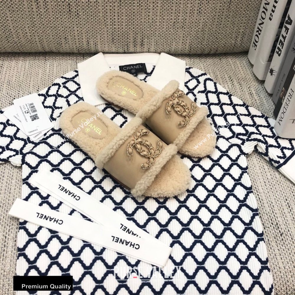 Chanel Shearling Fur Chain CC Logo Slipper Sandals Beige 2020 (modeng-20091924)