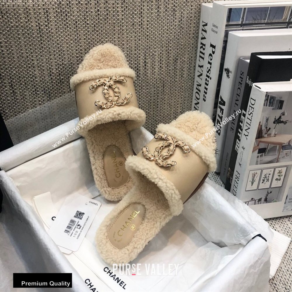 Chanel Shearling Fur Chain CC Logo Slipper Sandals Beige 2020 (modeng-20091924)