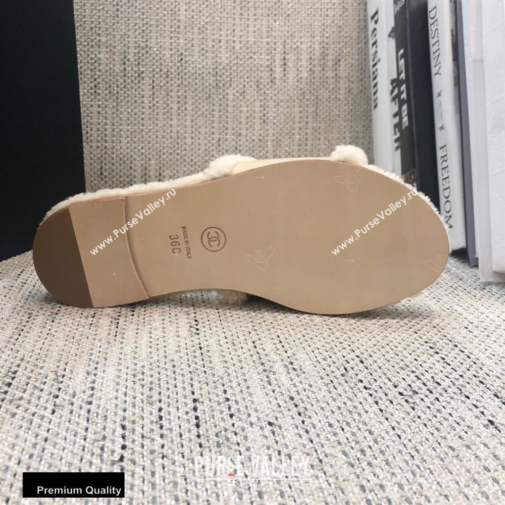 Chanel Shearling Fur Chain CC Logo Slipper Sandals Beige 2020 (modeng-20091924)