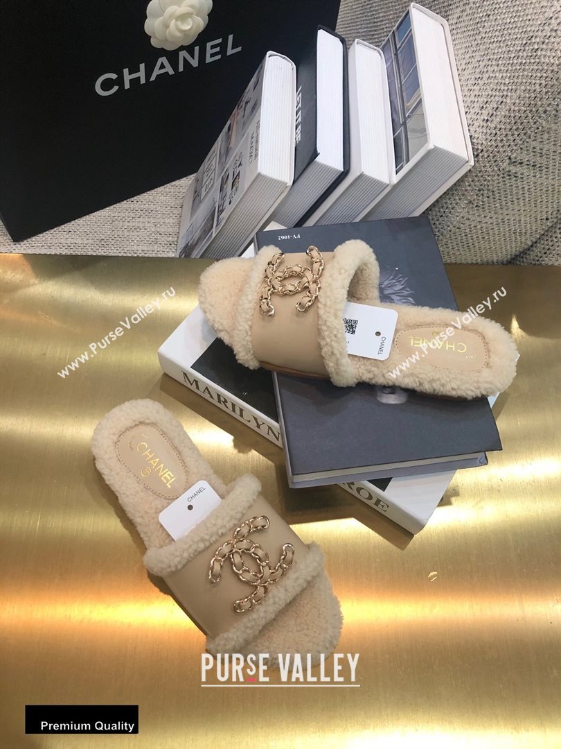 Chanel Shearling Fur Chain CC Logo Slipper Sandals Beige 2020 (modeng-20091924)