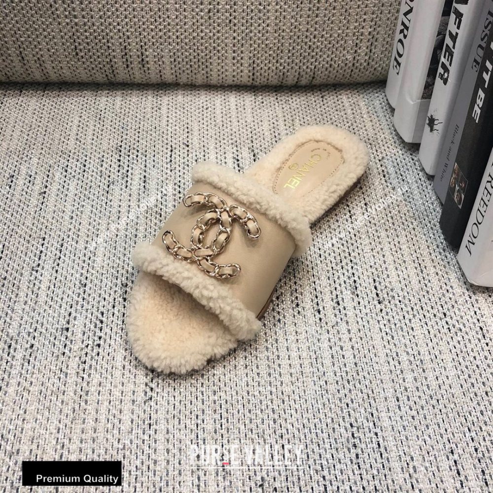 Chanel Shearling Fur Chain CC Logo Slipper Sandals Beige 2020 (modeng-20091924)
