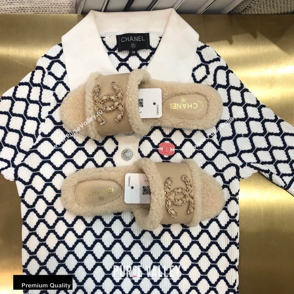 Chanel Shearling Fur Chain CC Logo Slipper Sandals Beige 2020 (modeng-20091924)