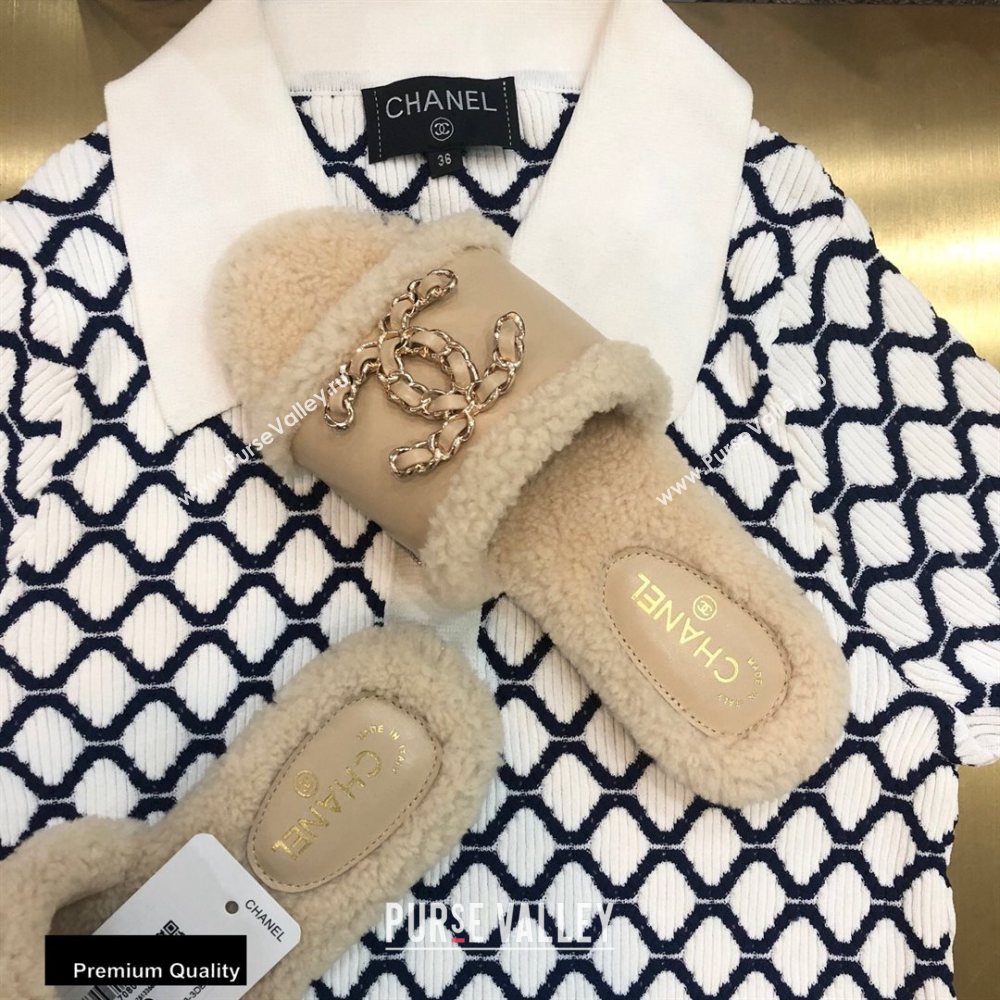 Chanel Shearling Fur Chain CC Logo Slipper Sandals Beige 2020 (modeng-20091924)