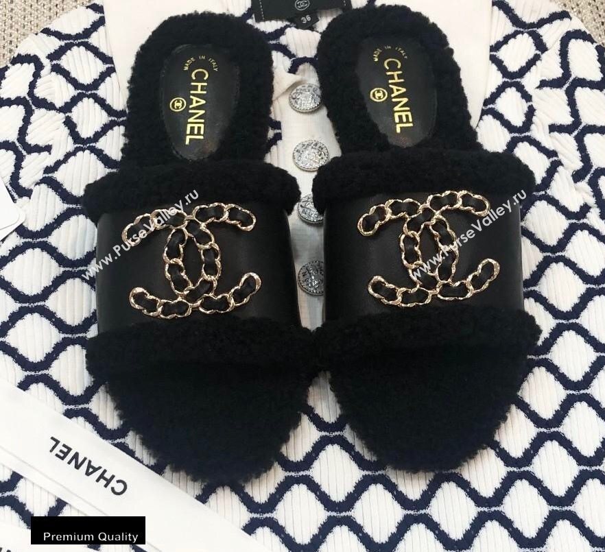 Chanel Shearling Fur Chain CC Logo Slipper Sandals Black 2020 (modeng-20091919)