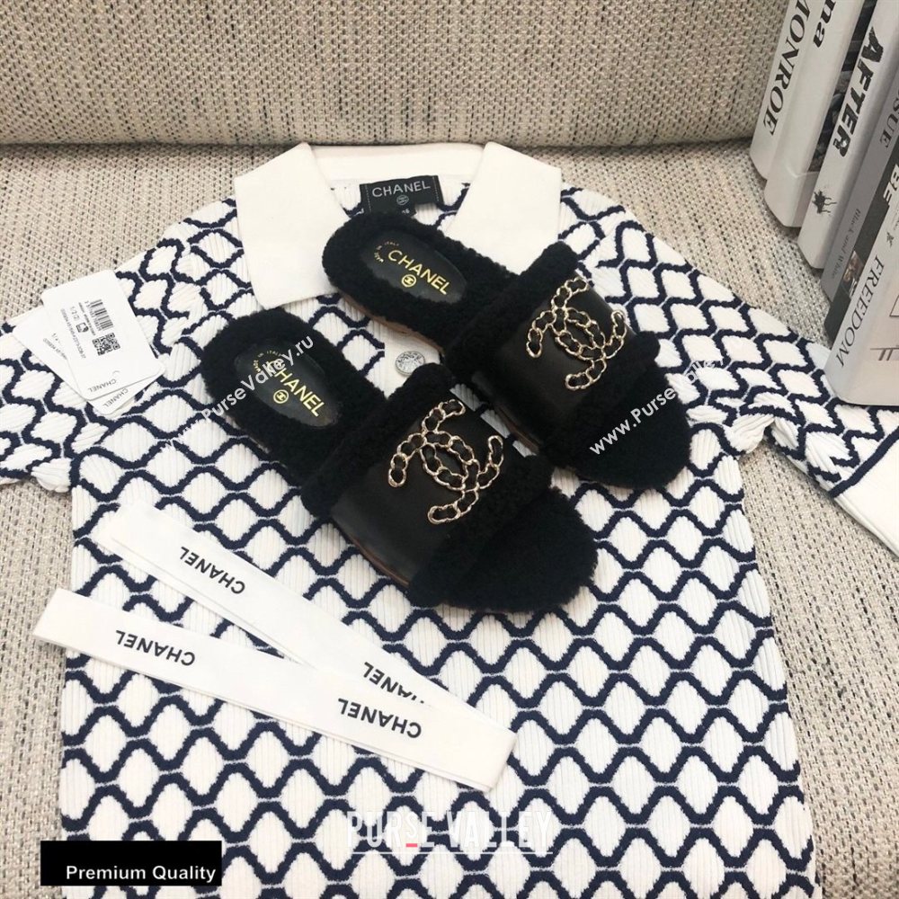 Chanel Shearling Fur Chain CC Logo Slipper Sandals Black 2020 (modeng-20091919)