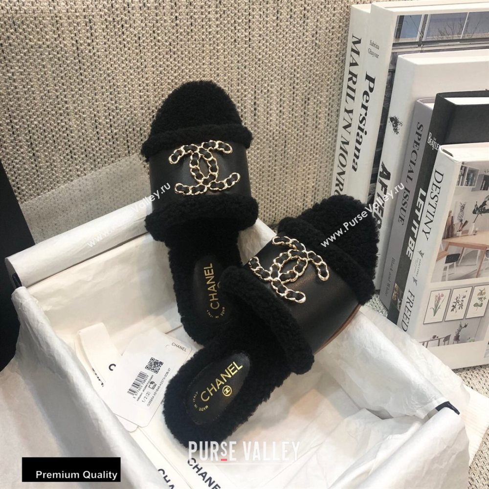 Chanel Shearling Fur Chain CC Logo Slipper Sandals Black 2020 (modeng-20091919)