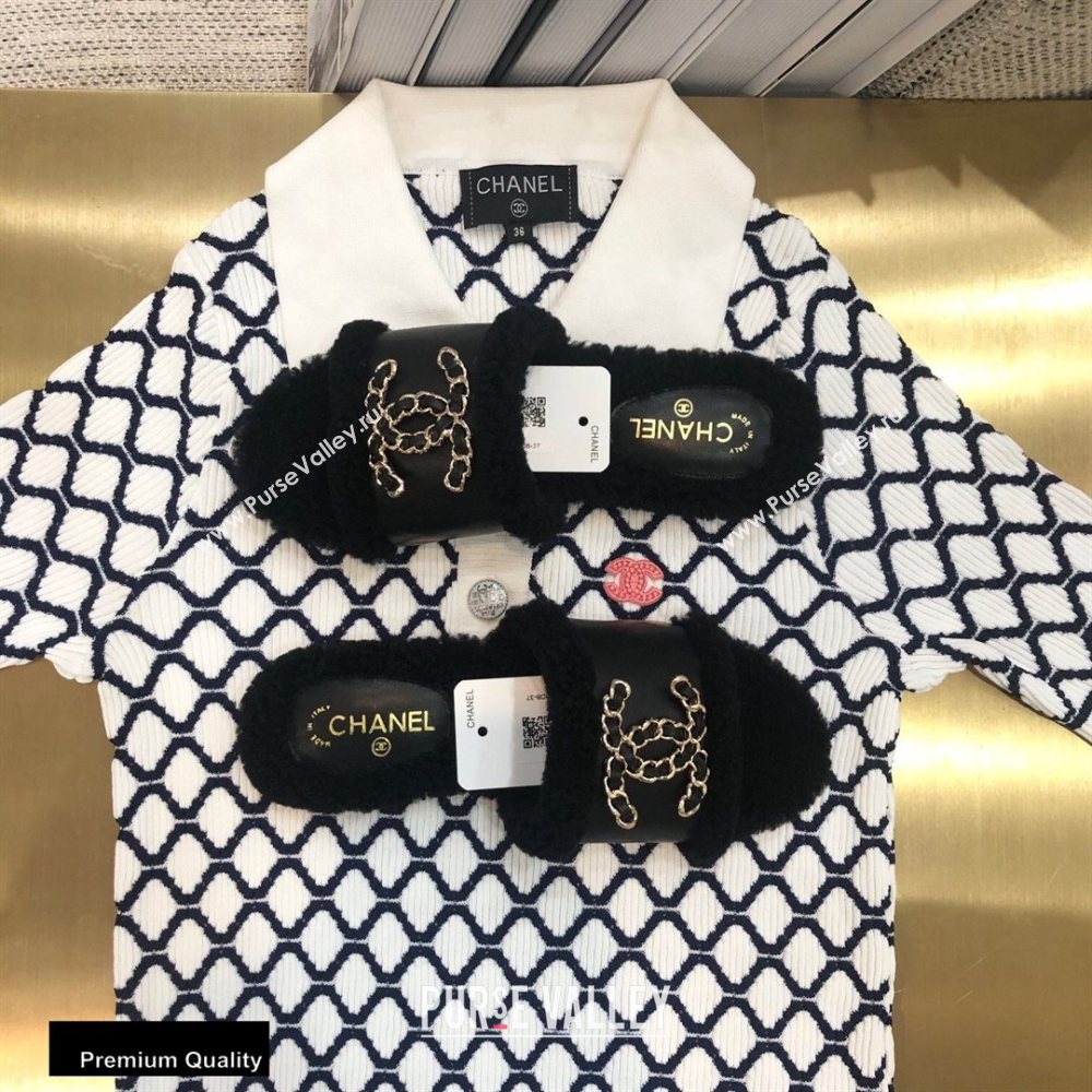 Chanel Shearling Fur Chain CC Logo Slipper Sandals Black 2020 (modeng-20091919)