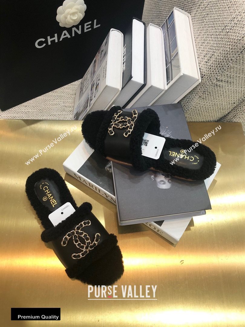 Chanel Shearling Fur Chain CC Logo Slipper Sandals Black 2020 (modeng-20091919)