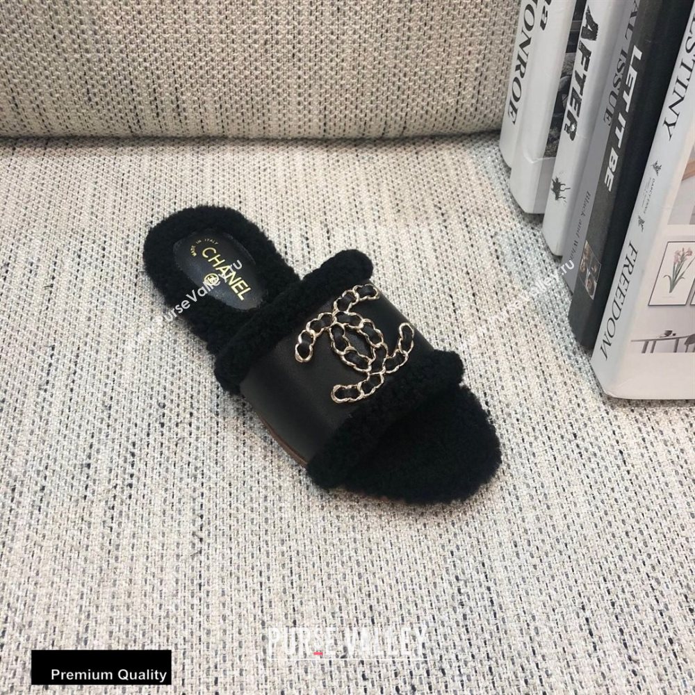 Chanel Shearling Fur Chain CC Logo Slipper Sandals Black 2020 (modeng-20091919)