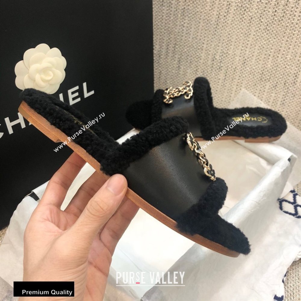 Chanel Shearling Fur Chain CC Logo Slipper Sandals Black 2020 (modeng-20091919)