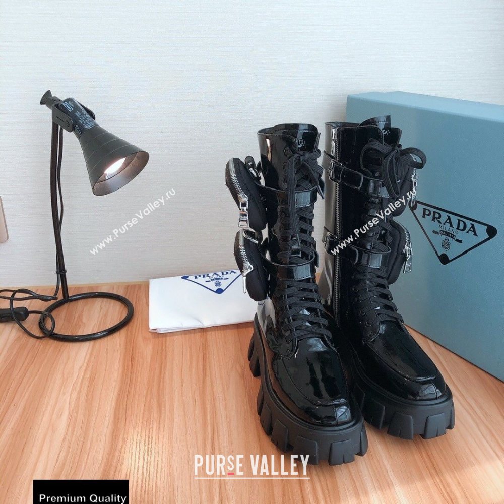Prada Monolith Patent Leather Rois Boots Black with Removable Nylon Pouches 2020 (modeng-20092434)