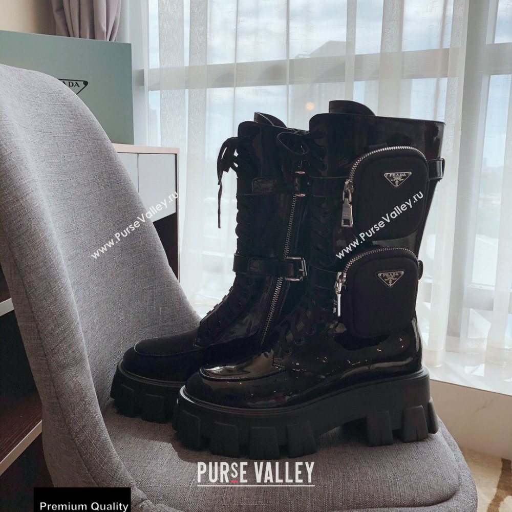 Prada Monolith Patent Leather Rois Boots Black with Removable Nylon Pouches 2020 (modeng-20092434)