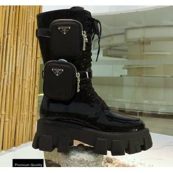 Prada Monolith Patent Leather Rois Boots Black with Removable Nylon Pouches 2020 (modeng-20092434)