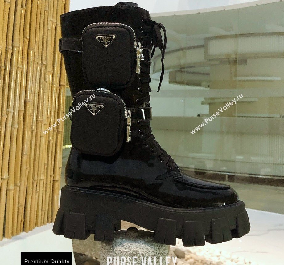 Prada Monolith Patent Leather Rois Boots Black with Removable Nylon Pouches 2020 (modeng-20092434)