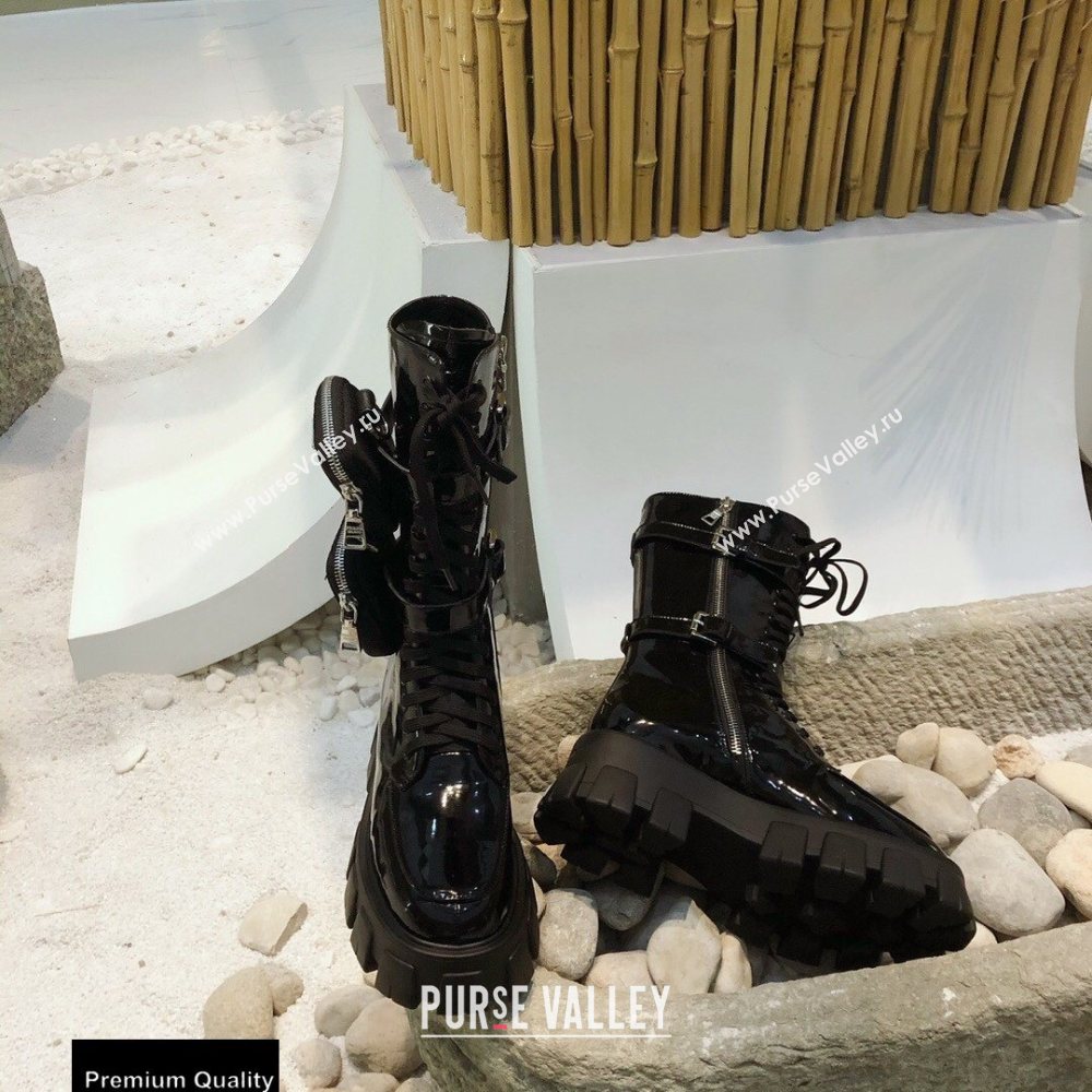 Prada Monolith Patent Leather Rois Boots Black with Removable Nylon Pouches 2020 (modeng-20092434)