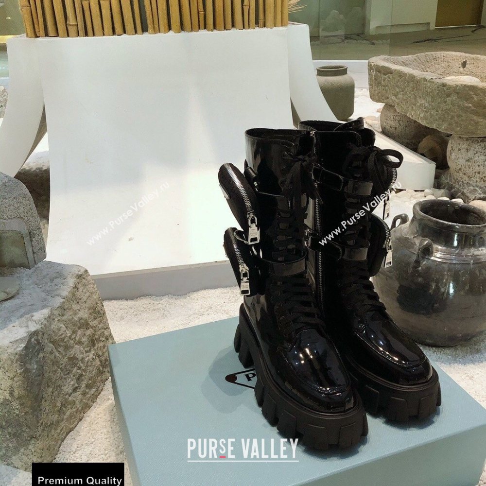 Prada Monolith Patent Leather Rois Boots Black with Removable Nylon Pouches 2020 (modeng-20092434)