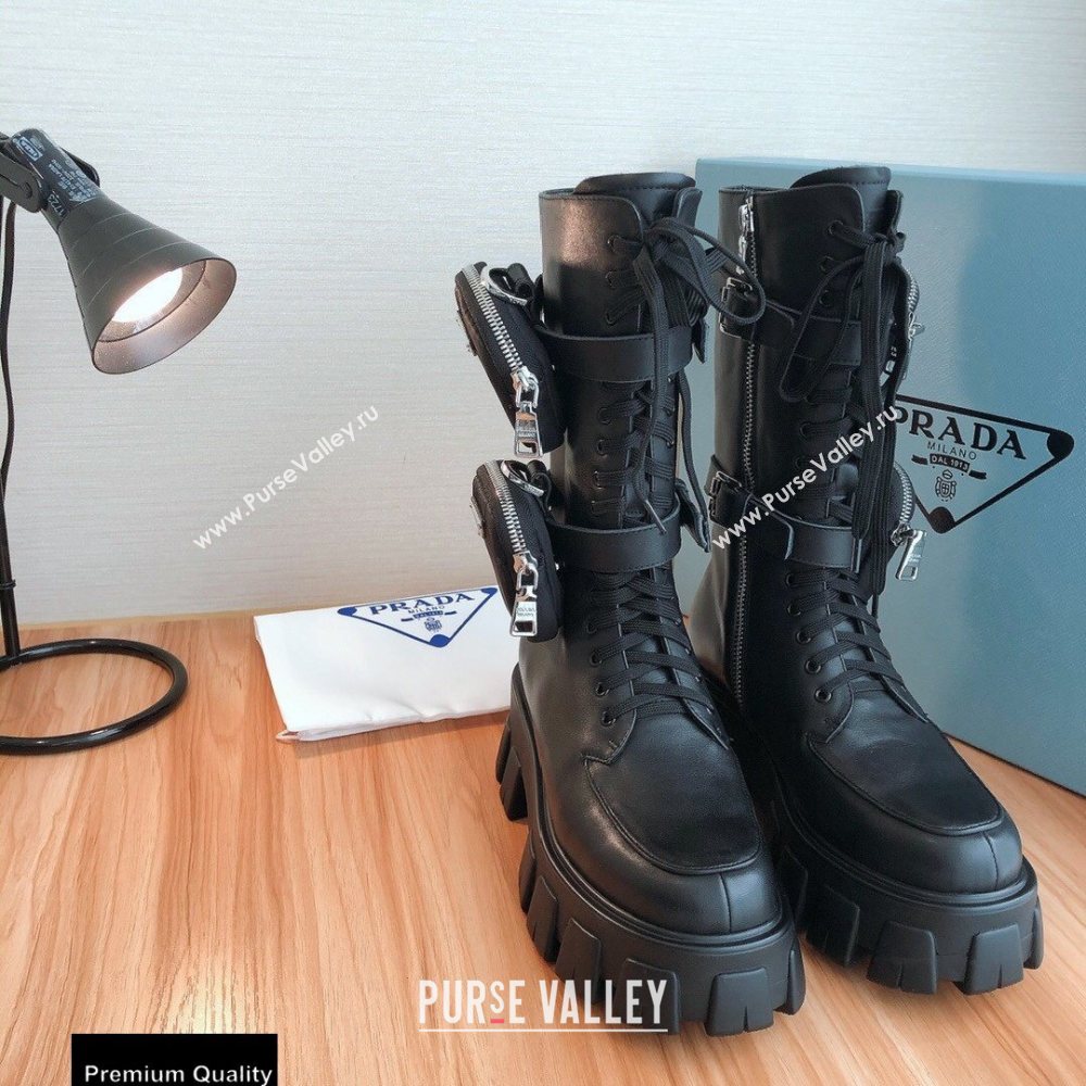 Prada Monolith Brushed Leather Rois Boots Black with Removable Nylon Pouches 2020 (modeng-20092439)