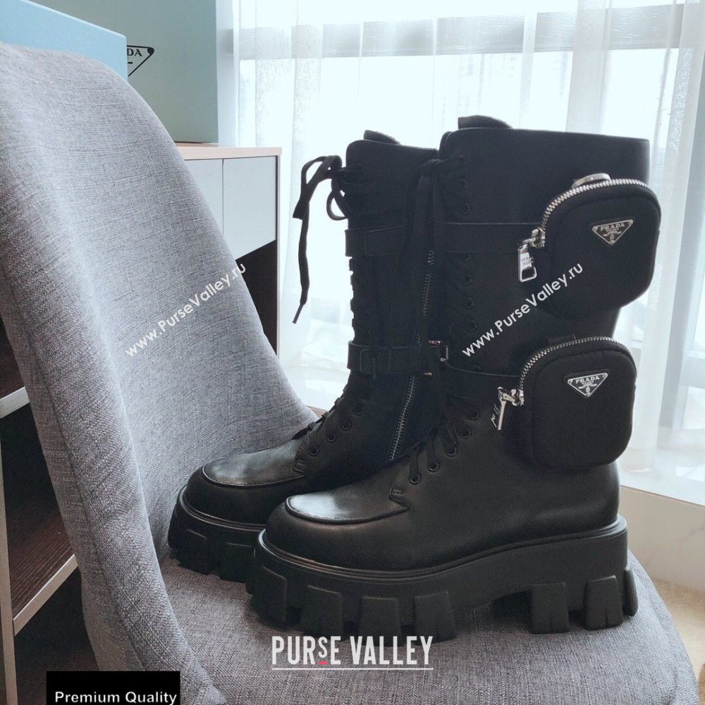 Prada Monolith Brushed Leather Rois Boots Black with Removable Nylon Pouches 2020 (modeng-20092439)