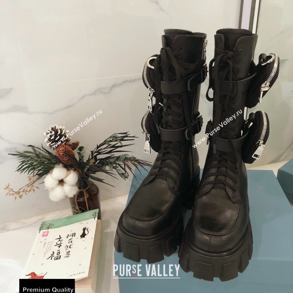 Prada Monolith Brushed Leather Rois Boots Black with Removable Nylon Pouches 2020 (modeng-20092439)