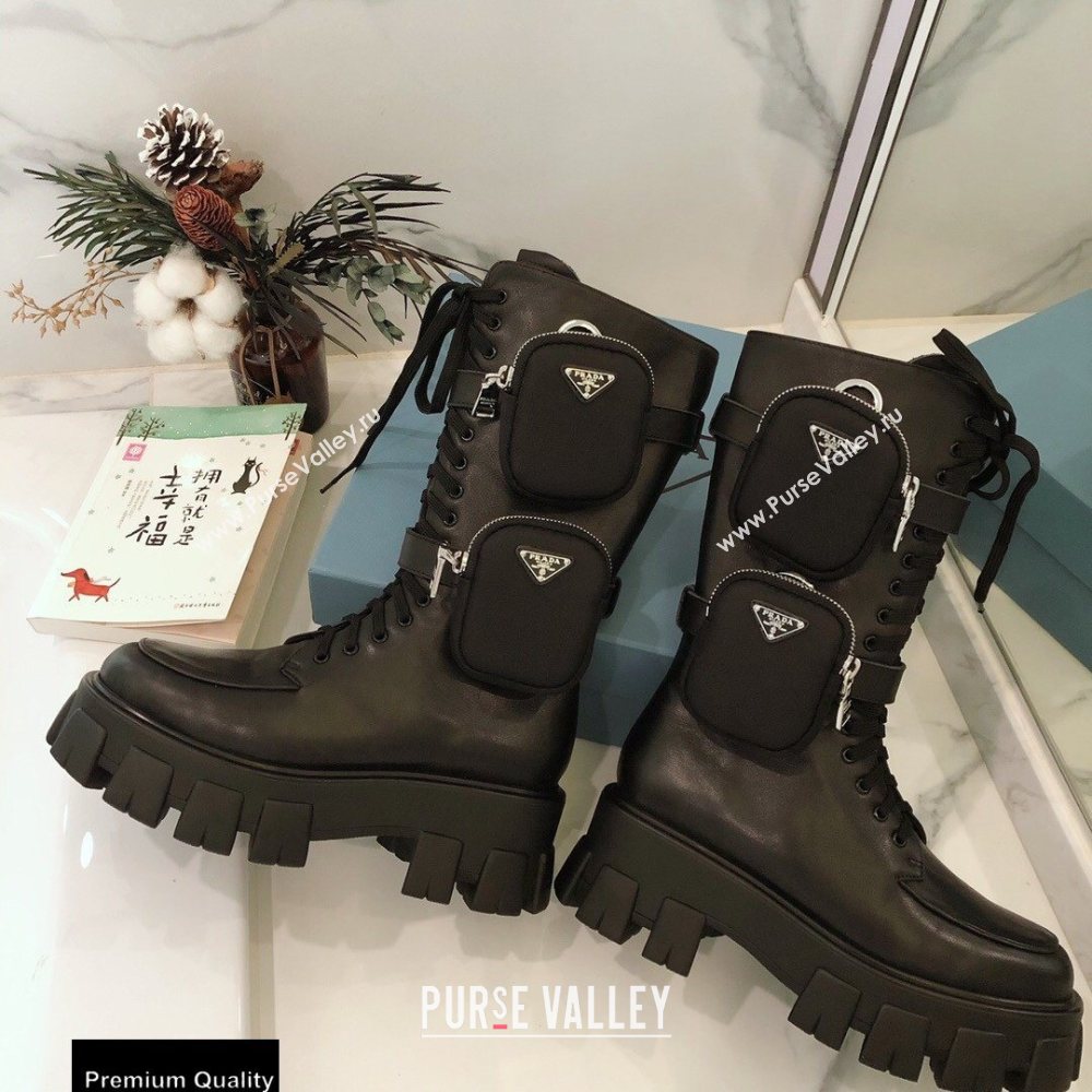 Prada Monolith Brushed Leather Rois Boots Black with Removable Nylon Pouches 2020 (modeng-20092439)
