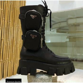 Prada Monolith Brushed Leather Rois Boots Black with Removable Nylon Pouches 2020 (modeng-20092439)