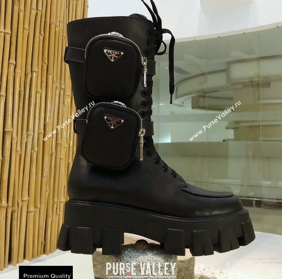Prada Monolith Brushed Leather Rois Boots Black with Removable Nylon Pouches 2020 (modeng-20092439)