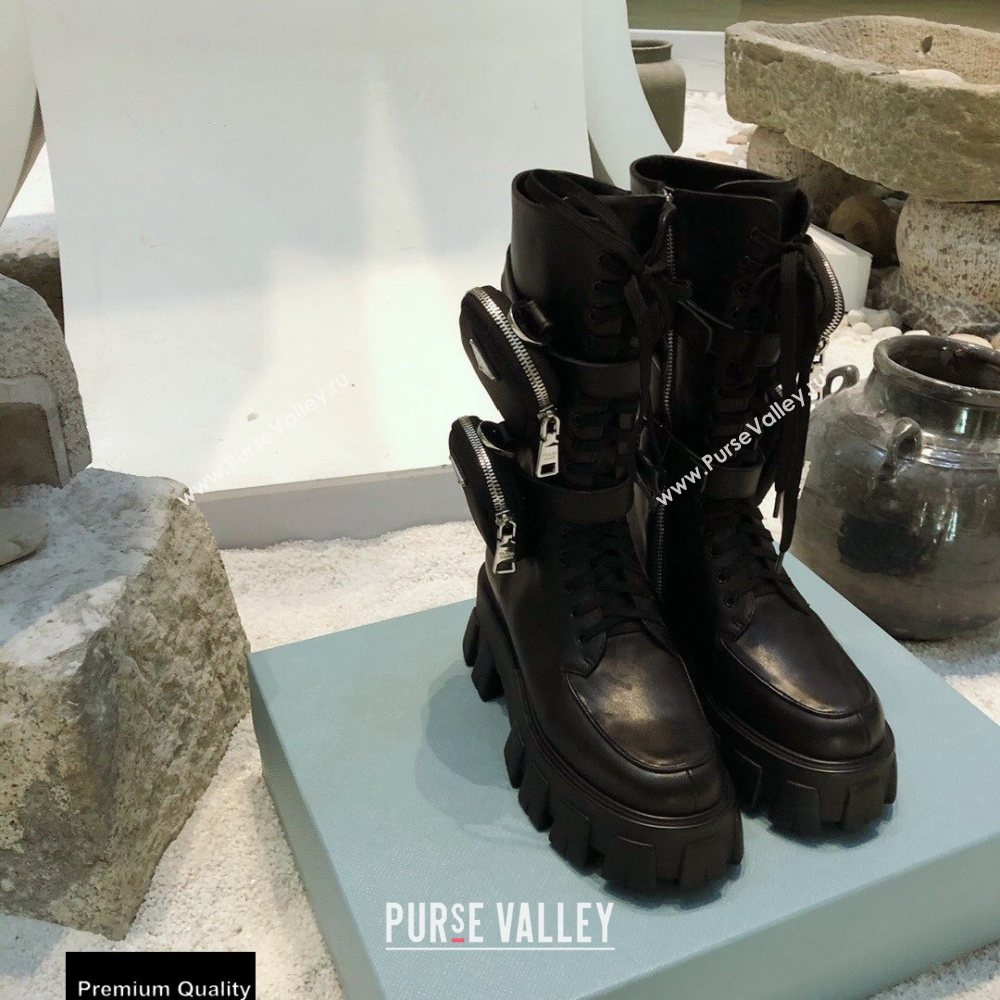 Prada Monolith Brushed Leather Rois Boots Black with Removable Nylon Pouches 2020 (modeng-20092439)