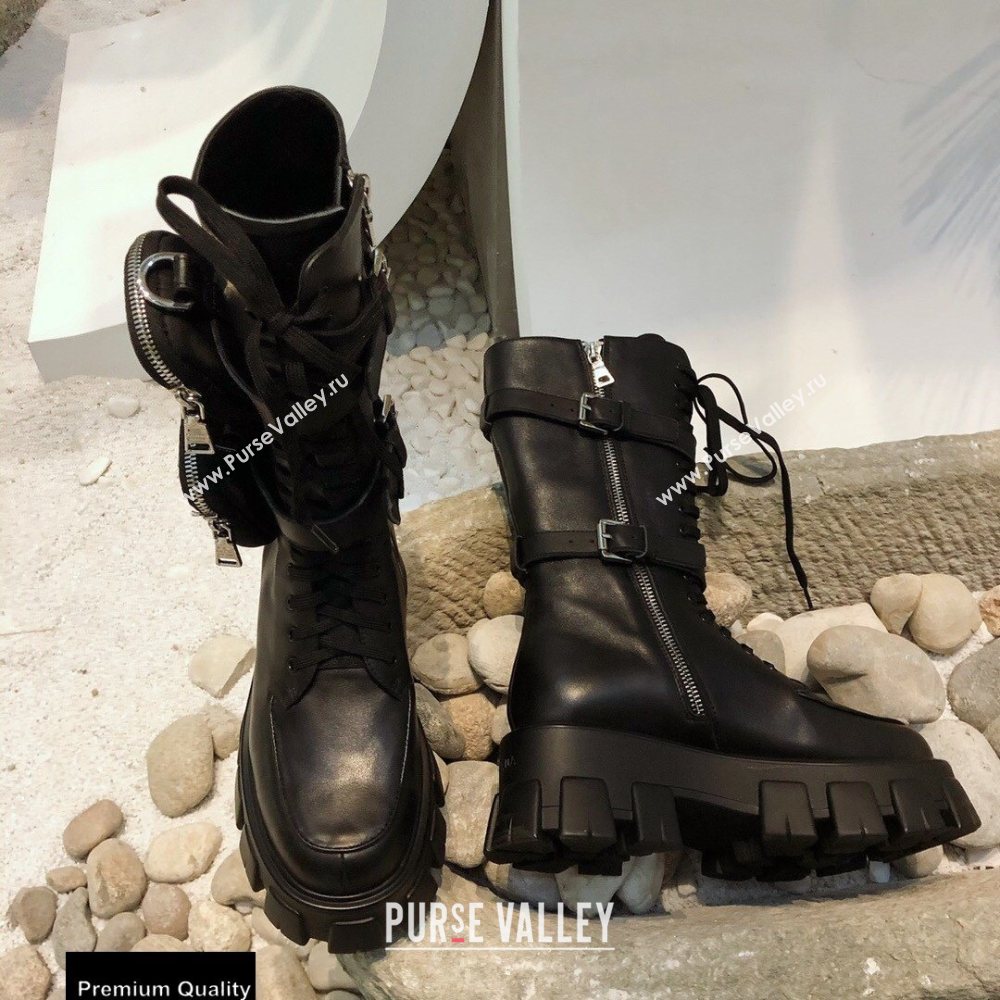 Prada Monolith Brushed Leather Rois Boots Black with Removable Nylon Pouches 2020 (modeng-20092439)