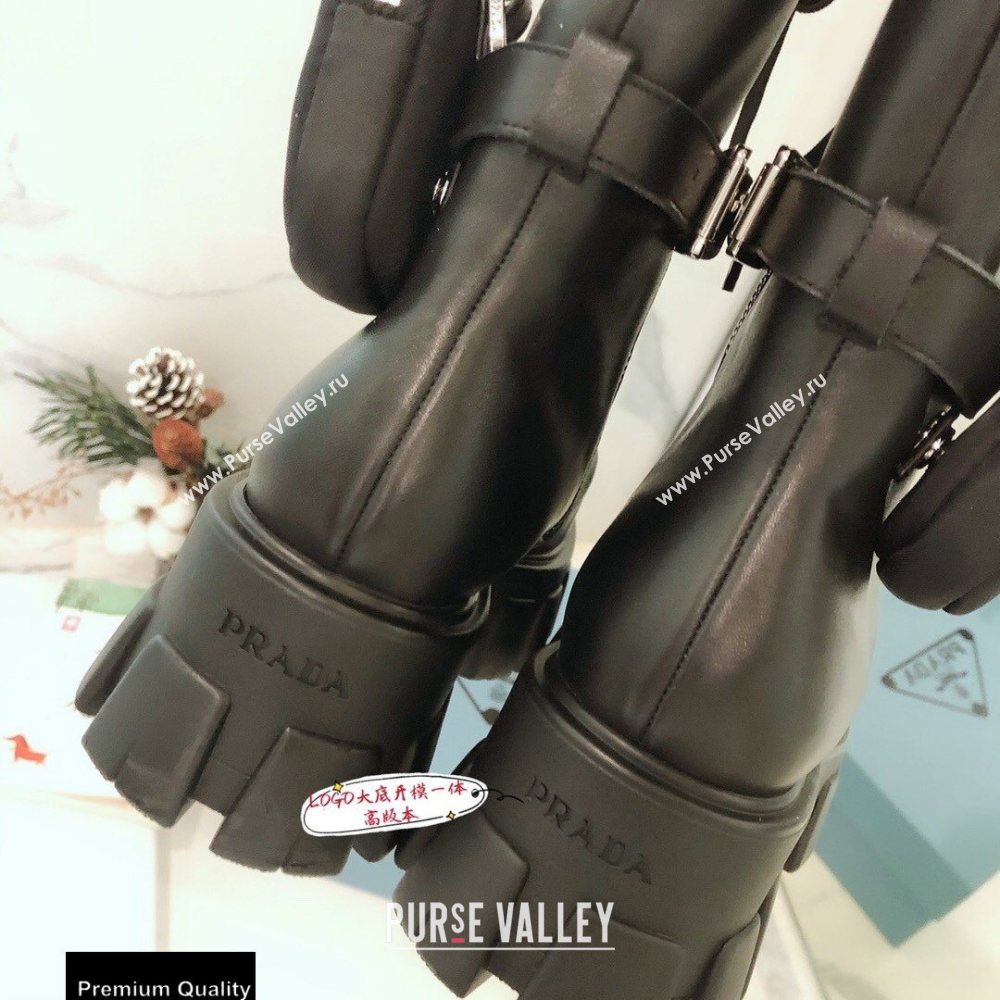 Prada Monolith Brushed Leather Rois Boots Black with Removable Nylon Pouches 2020 (modeng-20092439)