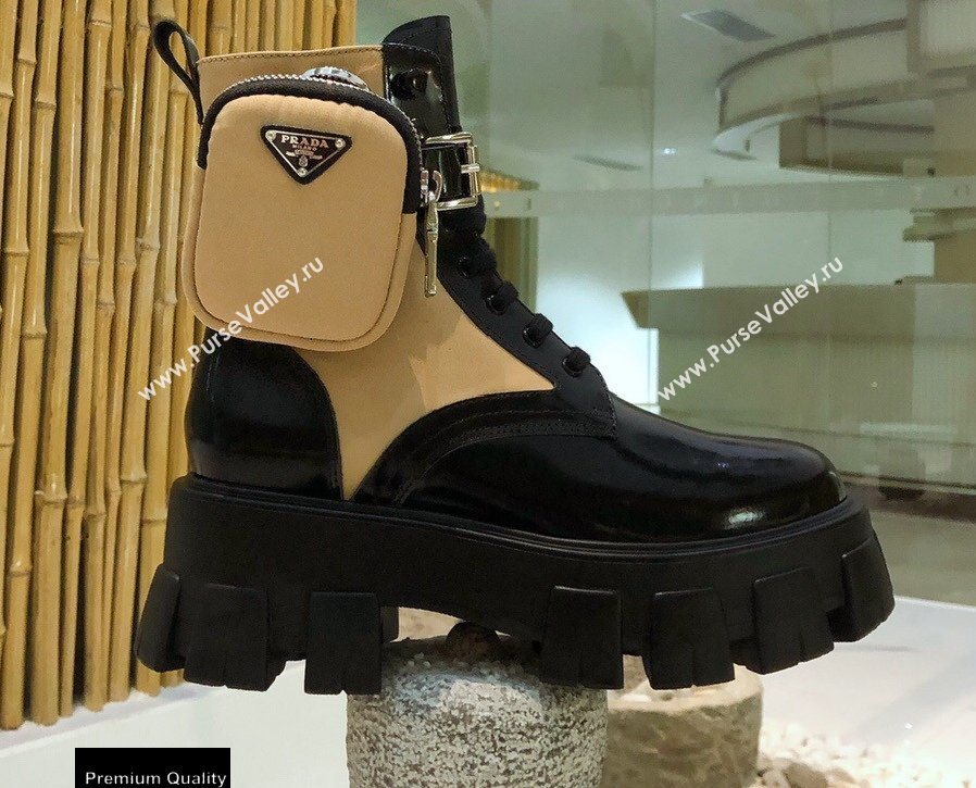 Prada Monolith Brushed Rois Combat Boots Black/Beige with Removable Nylon Pouches 2020 (modeng-20092433)