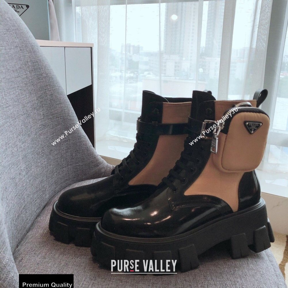Prada Monolith Brushed Rois Combat Boots Black/Beige with Removable Nylon Pouches 2020 (modeng-20092433)