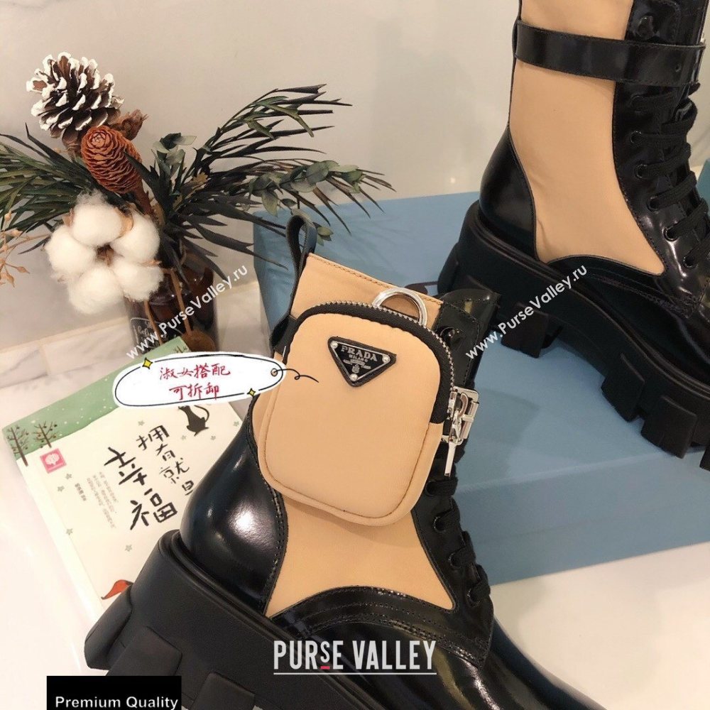 Prada Monolith Brushed Rois Combat Boots Black/Beige with Removable Nylon Pouches 2020 (modeng-20092433)