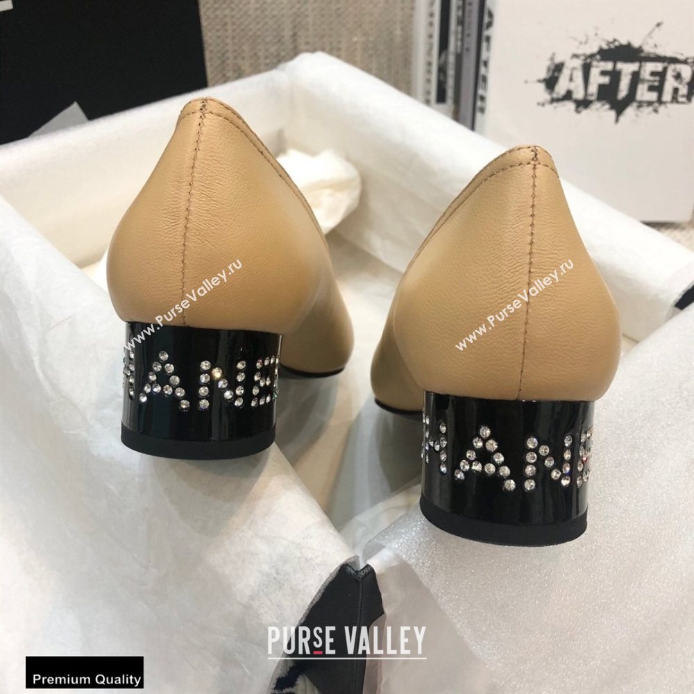 Chanel Crystal Logo Heel 3.5cm Pumps Beige 2020 (modeng-20092310)