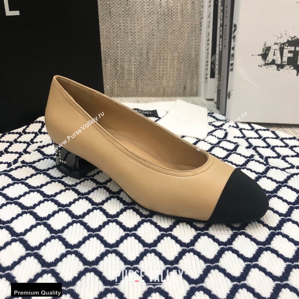 Chanel Crystal Logo Heel 3.5cm Pumps Beige 2020 (modeng-20092310)