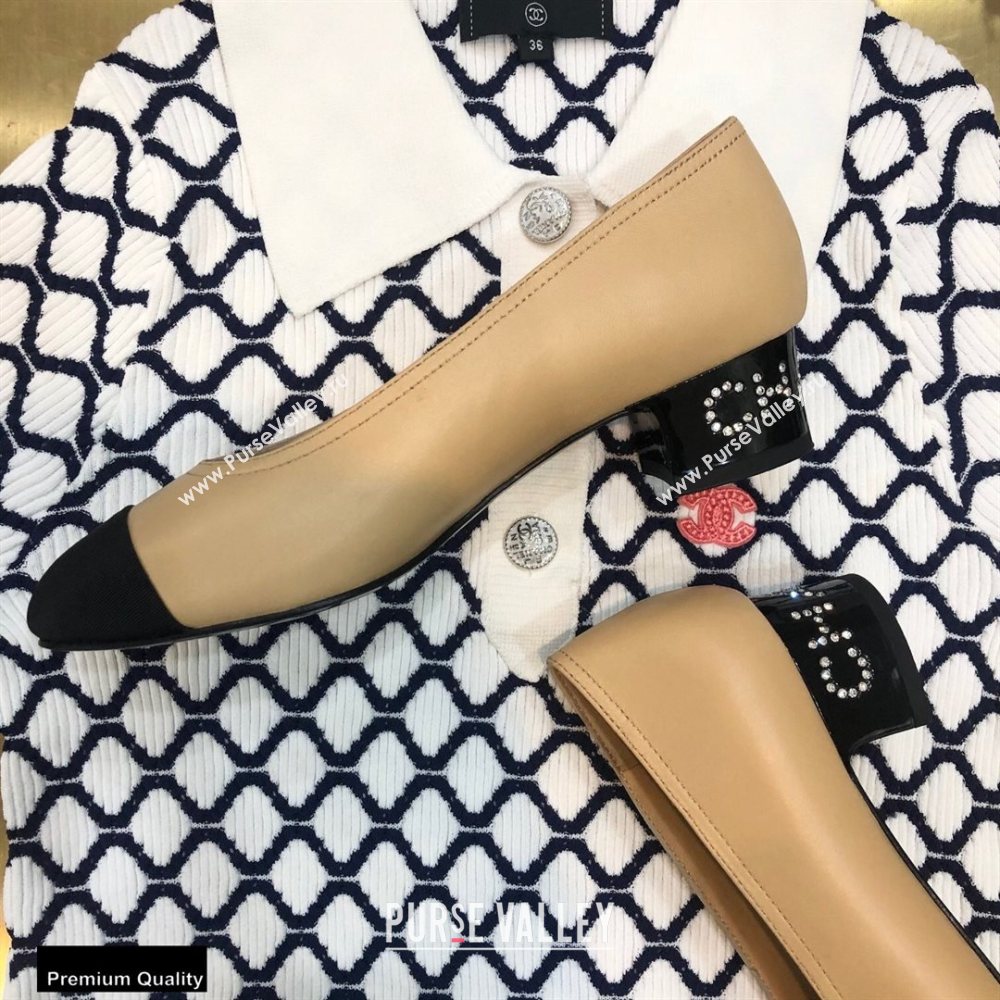 Chanel Crystal Logo Heel 3.5cm Pumps Beige 2020 (modeng-20092310)